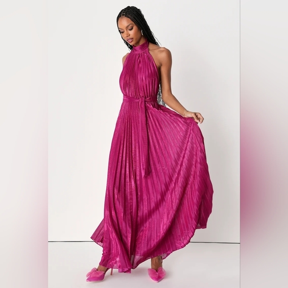 Lulus Everlasting Glow Shiny Magenta Pleated Halter Maxi Dress XS Wedding Party - Picture 2 of 10